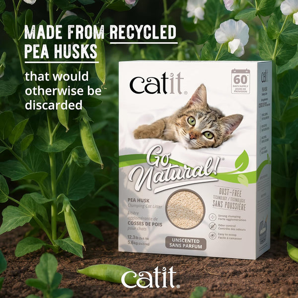Catit Go Natural Unscented Pea Husk Clumping Cat Litter, Deodorising, 99.9% Dust-Free, Fast Clumping Cat Litter, Plant-Based Litter for Cats & Kittens, 5.6Kg