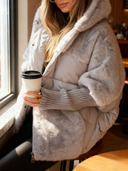 Women's Relaxed-fit New Patchwork Coat with Hooded Design, Dropped Shoulders, Plush Fabric, and Concealed Front Zip Fastening. Ideal for Winter Leisure Wear, Street Style Outfits, and Everyday Outings.
