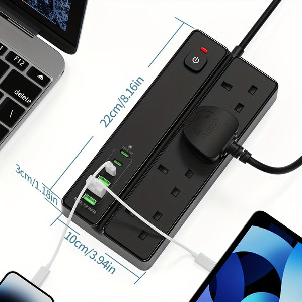 A 4-port Power Board/power Socket/power Strip With 3 USB-A And 3 USB-C Ports, Compatible With 220V-240V, 1.8m Cable, British Plug, Suitable For Home, Kitchen, Outdoor, Hotel, Office, Cruise Vacation