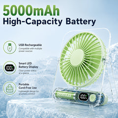 Rechargeable USB Desktop Fan (5000Mah Battery Included): Ultra-Quiet Operation with a Foldable Design And Digital Battery Level Display. Constructed from Durable Acrylic Material. A Device Perfect for Home Use
