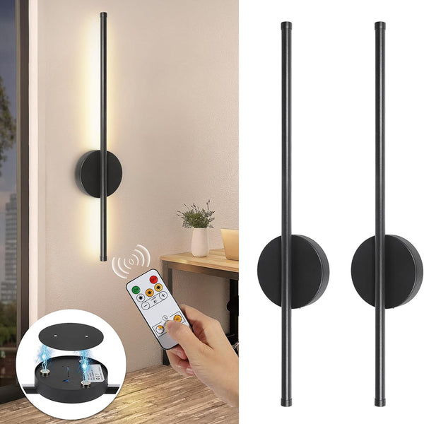 2pcs 50cm Rechargeable Wall Sconce Lights, Battery Operated Wall Lights 3 Color Temperature, Wall Lamp Dimmable Wireless with Remote Control Black for Living Room Bedroom