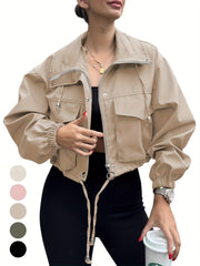 Womens Cropped Jacket Zip Up Lightweight Oversized Utility Anorak Coat with Pockets