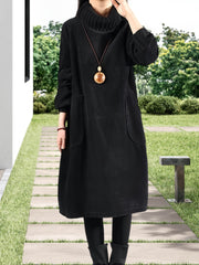 Women'S Elegant Corduroy Dress - Long Sleeve Turtleneck Loose Fit Winter Warm Dress with Pockets, Solid Color (Navy/) - Cozy Fall/Winter