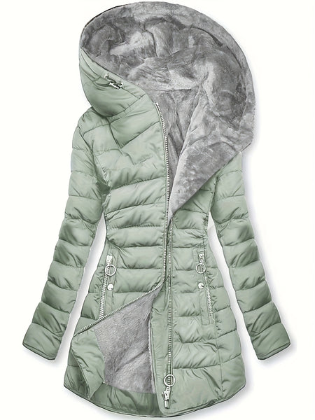 Women's Winter Fleece-Lined Hooded Jacket - Mid-Length Relaxed Fit Coat with Zipper Front, Long Sleeve Casual Outerwear for Cold Weather