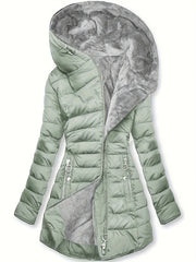 Women's Winter Fleece-Lined Hooded Jacket - Mid-Length Relaxed Fit Coat with Zipper Front, Long Sleeve Casual Outerwear for Cold Weather