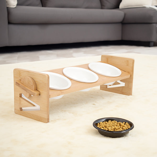 Pets Dog/Cat Bowls with Stand, 1/2/3 Bowls Adjustable Height Elevated Feeder Bowls for Cats and Small Dogs, Wooden Raised Feeding Bowls with Stand