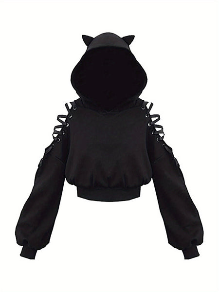 Womens Fashion Printing Sweatshirt Casual Bandage Long Sleeve Exposed Navel Hooded T-shirt