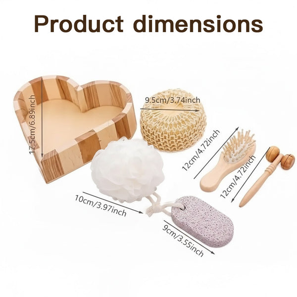 Boxed Heart-Shaped Bath Set - A wooden spa gift kit for bathrooms, featuring a heart-shaped wooden bucket. Includes a loofah, pumice stone, massager, and brush. This natural relaxation and body care kit is ideal for home use and bathroom decoration.