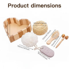 Boxed Heart-Shaped Bath Set - A wooden spa gift kit for bathrooms, featuring a heart-shaped wooden bucket. Includes a loofah, pumice stone, massager, and brush. This natural relaxation and body care kit is ideal for home use and bathroom decoration.