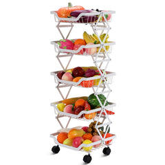 Foldable Kitchen Organizer Cart with 360° Rotating & Multi-Tier Shelves, Large Capacity Metal Vegetable Cart & Organiser - Portable, Space-Saving Storage for Pantry, Utility Room & Kitchen