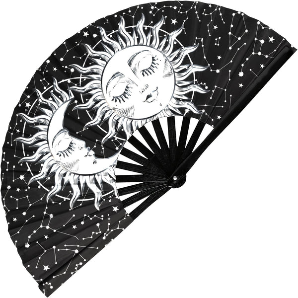 Large Black Folding Fan with Artistic Sun & Moon Design - Durable Plastic, Portable for Music Festivals, Weddings, Parties, Dance Performances & Home Decor