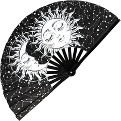 Large Black Folding Fan with Artistic Sun & Moon Design - Durable Plastic, Portable for Music Festivals, Weddings, Parties, Dance Performances & Home Decor