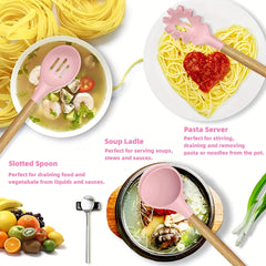12pcs Silicone Cooking Utensils Set With Wooden Handle Food Grade High Temperature Resistant For Nonstick Cookware Pink