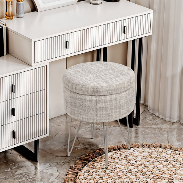 1pc Round Footrest Stool Ottoman with Storage, Makeup Vanity Chair Stool Side Table, Dressing Table Stool with Metal Legs, Couch Stool Portable Space-saving Lounge Chair for Living Room Bedroom Office Kitchen, 38x38x48cm (White)