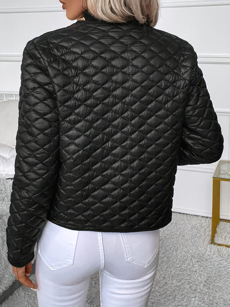 Solid Color Long Sleeve Lapel Detail Quilted Coat