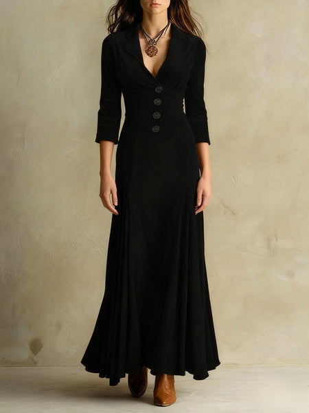 Chic Long Dress with a Lapel Collar, Featuring Three-Quarter Sleeves And a Vintage Full Skirt. Perfect for Autumn And Winter Office Wear, Retro Gatherings, Casual Outings, And Light Social Events