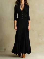 Chic Long Dress with a Lapel Collar, Featuring Three-Quarter Sleeves And a Vintage Full Skirt. Perfect for Autumn And Winter Office Wear, Retro Gatherings, Casual Outings, And Light Social Events