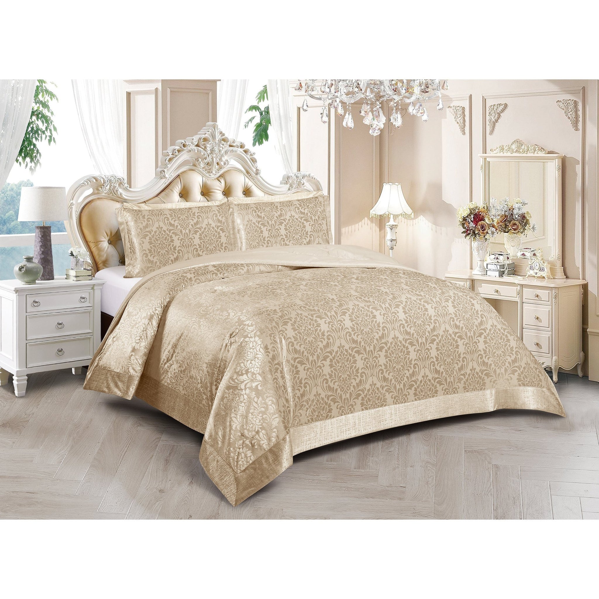 3 Piece Velvet Quilted Bedspread Set Jacquard Damask Bed Cover with Pillow Shams | Luxury Soft Polyester Bedspread for Double King Super King Beds | Modern Elegant Bedroom Bedding Set