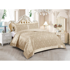 3 Piece Velvet Quilted Bedspread Set Jacquard Damask Bed Cover with Pillow Shams | Luxury Soft Polyester Bedspread for Double King Super King Beds | Modern Elegant Bedroom Bedding Set