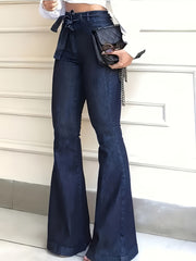Ladies' Elegant Style Features High-Waisted Elastic Casual Pants, Complete with a Belt And Original Color Flared Trousers