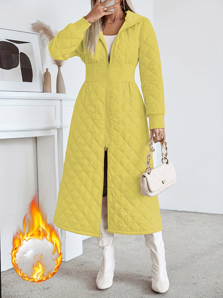 Women'S Casual Quilted Long Coat, Solid Color Long Sleeves with Pockets, Elegant Hooded Winter Warm Jacket