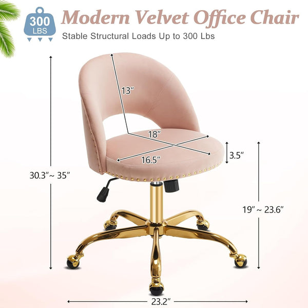 Office Chair Velvet Fabric Swivel Computer Desk Chair Comfy Armless Vanity Task Chair With Adjustable Height, Ergonomic Chair for Home Bedroom (Delicate Lilac)