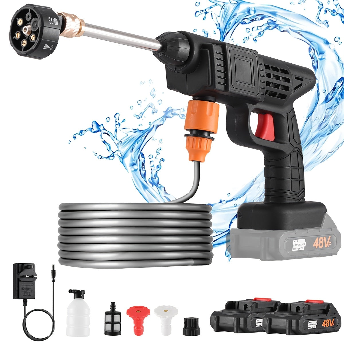 1500W Portable Cordless High Pressure Electric Car Wash - Equipped with 6-In-1 Nozzle, Handheld Car Wash Gun, for Car Wash/Home/Floor/Garden Cleaning, Includes 2 X 6000Mah Batteries