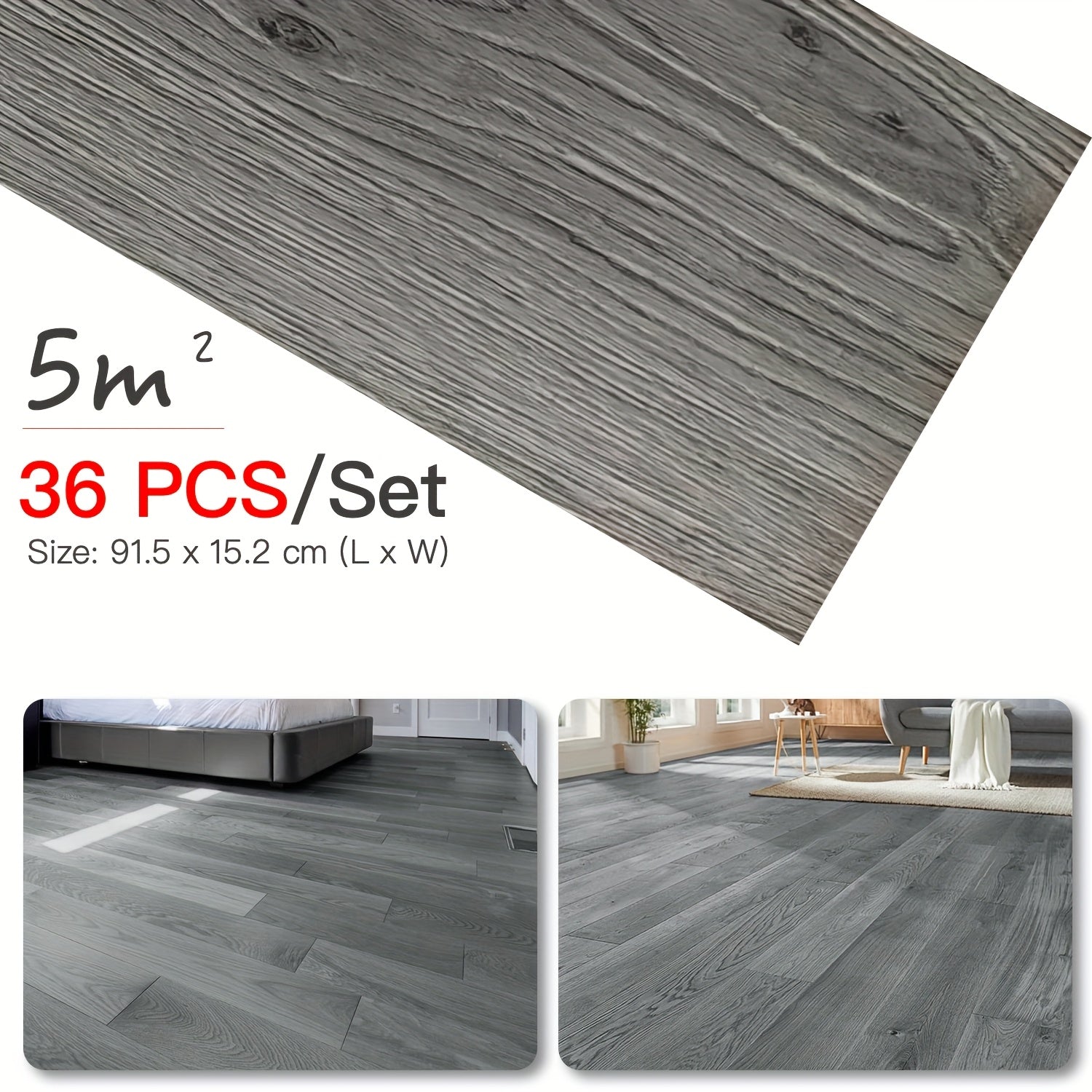 36pcs Self-Adhesive Vinyl Flooring Planks | 5m² Natural Wood Grain, Peel and Stick Waterproof Installation, 1.8mm Thick Polyvinyl Chloride