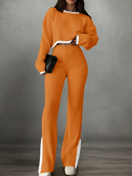 Women'S Short Color-Blocked Long-Sleeve Top with Solid Color Pants, a Casual And Stylish Outfit for Christmas