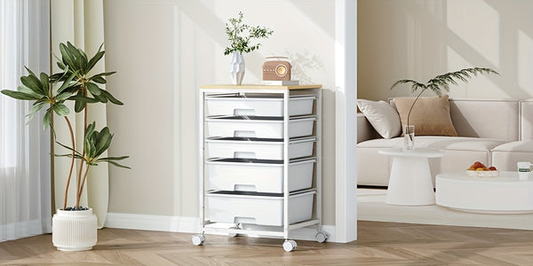 KINGRACK 5-Drawer Rolling Storage Cabinet with Lockable Casters & /Grey Drawers - Heavy-Duty Iron Frame, Space-Saving Mobile Organizer Cart, Compact 27-Inch Height, 3.2 Cu Ft Capacity, Stackable Design for Bedroom, Living Room, Home Office - Easy As