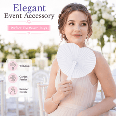 12pcs White Heart Folding Paper Fan with Plastic Handle Hand Fan for Weddings Parties Summer Events