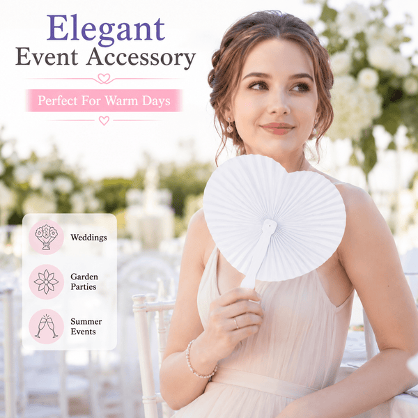 12pcs White Heart Folding Paper Fan with Plastic Handle Hand Fan for Weddings Parties Summer Events