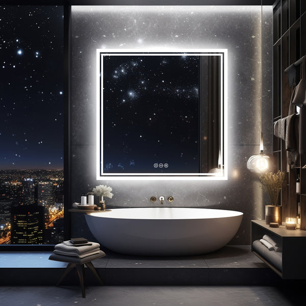Square LED Bathroom Mirror Measuring 800X800Mm, Featuring Illuminated Backlighting, Wall Mounting, an Anti-Fog Demister, a Smart Touch Button, And Dimmable Settings for Makeup Application