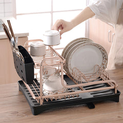 Rose Gold Color, Vertical Bowl And Plate Drain Rack with Rotating Water Outlet Drip Tray, Large Capacity, Aluminum Alloy Bowl And Plate Rack with Cutlery Rack, Kitchen Countertop Storage Rack, Saving Countertop Space