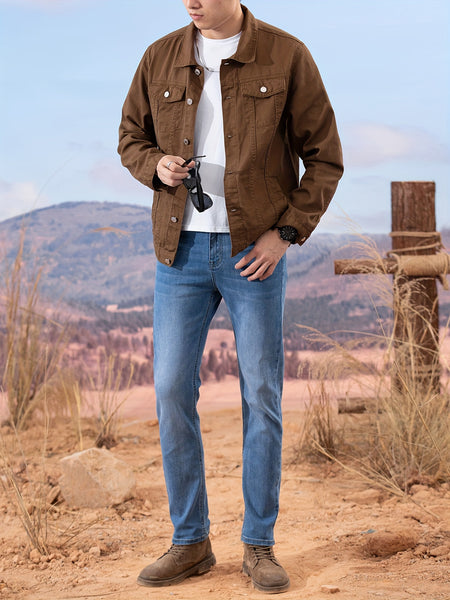 Spring and Autumn Hot Men's Denim Jacket for Teens, High-End Long Sleeve Turn- Collar Casual Coat