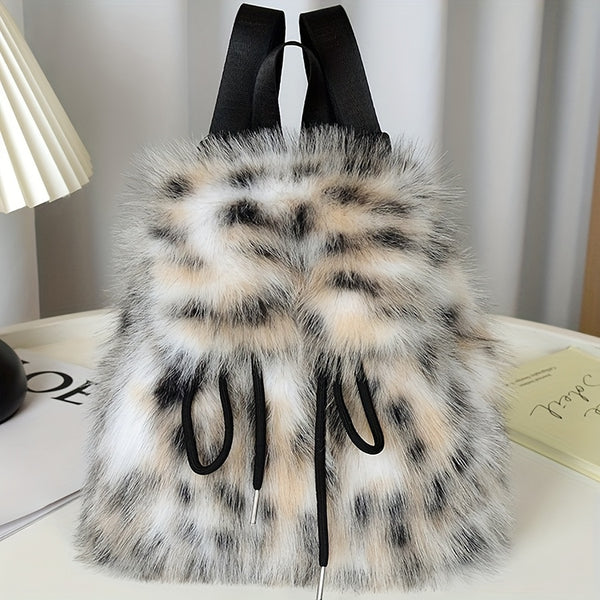 1pc Women's Plush Faux Fur Backpack - Soft Mini Daypack with Adjustable Drawstring Closure & Strap, Golden-Tone-like Black Tip (No-Washable) - Elegant White/Black Mini Bag for,, Travel - Faux-Fur Coat-Like Texture Purse, Bags For Women, Small Backpack For
