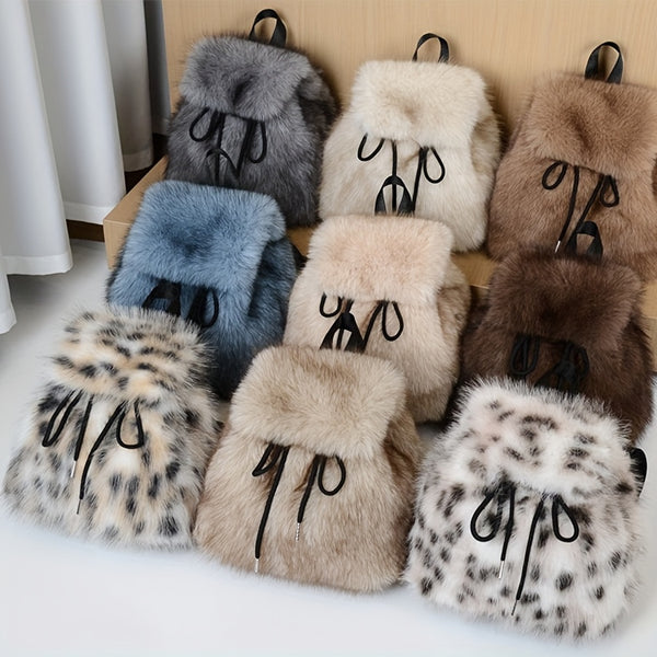 1pc Women's Plush Faux Fur Backpack - Soft Mini Daypack with Adjustable Drawstring Closure & Strap, Golden-Tone-like Black Tip (No-Washable) - Elegant White/Black Mini Bag for,, Travel - Faux-Fur Coat-Like Texture Purse, Bags For Women, Small Backpack For