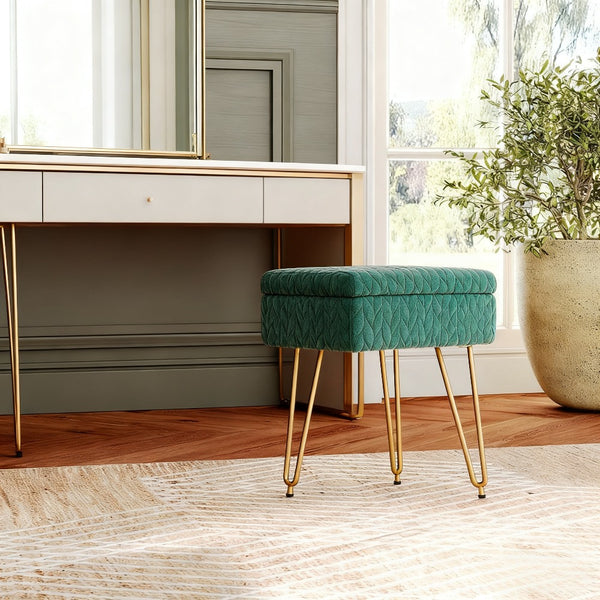 Padded Storage Footstool, Living Room Side Table with Tray, Sofa Footstool, Bedroom Dressing Stool - Features Large Built-in Storage, Non-Slip Metal Hairpin Legs, Includes Tray, Suitable for Living Rooms, Bedrooms, Hallways