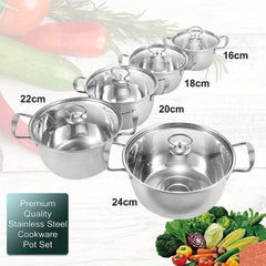 kitchen 5pcs Stainless Steel Pot Professional Induction-Safe Pot with Glass Lid Not-Sticky Hot Pot Double Ear Soup Pot