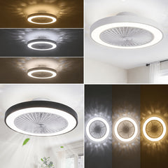 Low Profile Ceiling Fans with Lights, 50.04cm Enclosed Ceiling Fan Flush Mount, 3000K-6000K Smart Bladeless LED Fan Light, White Black Modern Ceiling Fans with Lights for Bedroom Dimmable LED 6 Speeds Reversible Timing