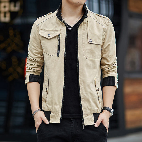 Men'S Solid Color Plaid Lining Cargo Jacket Autumn And Winter Multi-Pocket Design Stylish Long Sleeve Stand Collar Street Jacket Outdoor Coat Locomotive Jacket