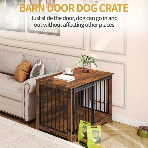 Dog Crate Furniture, 100.08cm Double Door Dog Crate with Barn Door, Dog Kennel Indoor, End Side Table Wooden Dog Crate for Small Medium Large Dog, Anti-Chew Anti-Escape, Greige, White