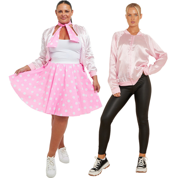 Adult 50s Pink Satin Jacket | Retro Lightweight Women’s Pink Bomber Coat | Classic Vintage Style Jacket for Everyday Wear