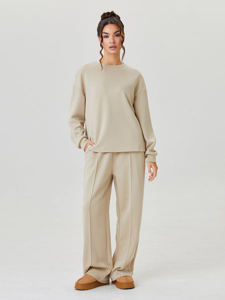 Women'S Minimalist Round Neck Loose Top And Exposed Stitch Trousers Co-Ord, Soft Womenswear