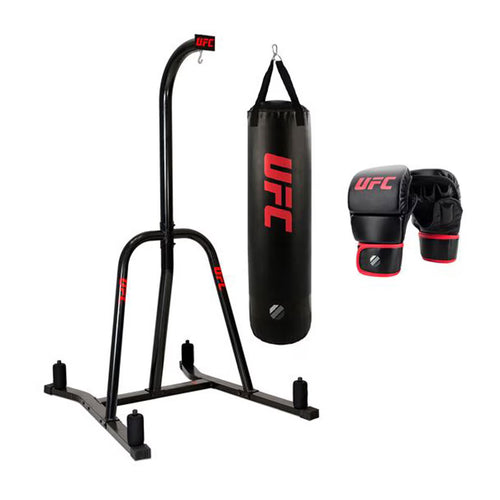 UFC Single Station Bag Stand with MMA 25Kg Punch Bag and 8Oz Sparring Gloves in 2 Sizes, in Black