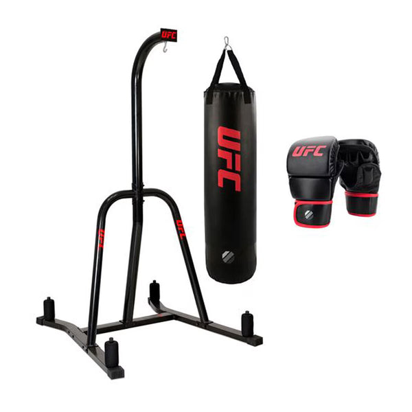 UFC Single Station Bag Stand with MMA 25Kg Punch Bag and 8Oz Sparring Gloves in 2 Sizes, in Black