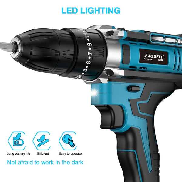 Cordless Combi Hammer Impact Drill Driver Electric Screwdriver & 2 Battery Electric Screwdriver Set 25+3 Clutch, Handheld Cordless Hammer Drill, 29 PCS Drill Bits, LED Light for Home and Garden DIY Project