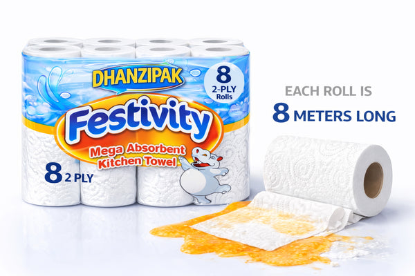 DHANZIPAK Kitchen Roll – 8 Pack, 2-Ply Mega Absorbent Paper Towels, 44 Sheets Per Roll, 8m Length Each
