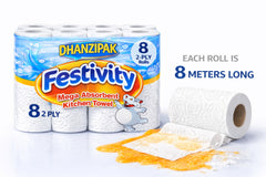 DHANZIPAK Kitchen Roll – 8 Pack, 2-Ply Mega Absorbent Paper Towels, 44 Sheets Per Roll, 8m Length Each
