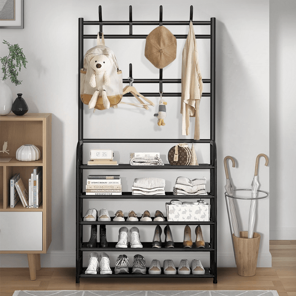 1pc Black Coat Rack Shoe Storage 5 Tiers Metal Stand 8 Hooks Shelves 80Cm Widened for Living Room Bathroom Hallway Office Xmas Gift